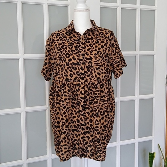 NWOT Missguided Brown Leopard Print Shirt Smock Mini Dress - Picture 8 of 16